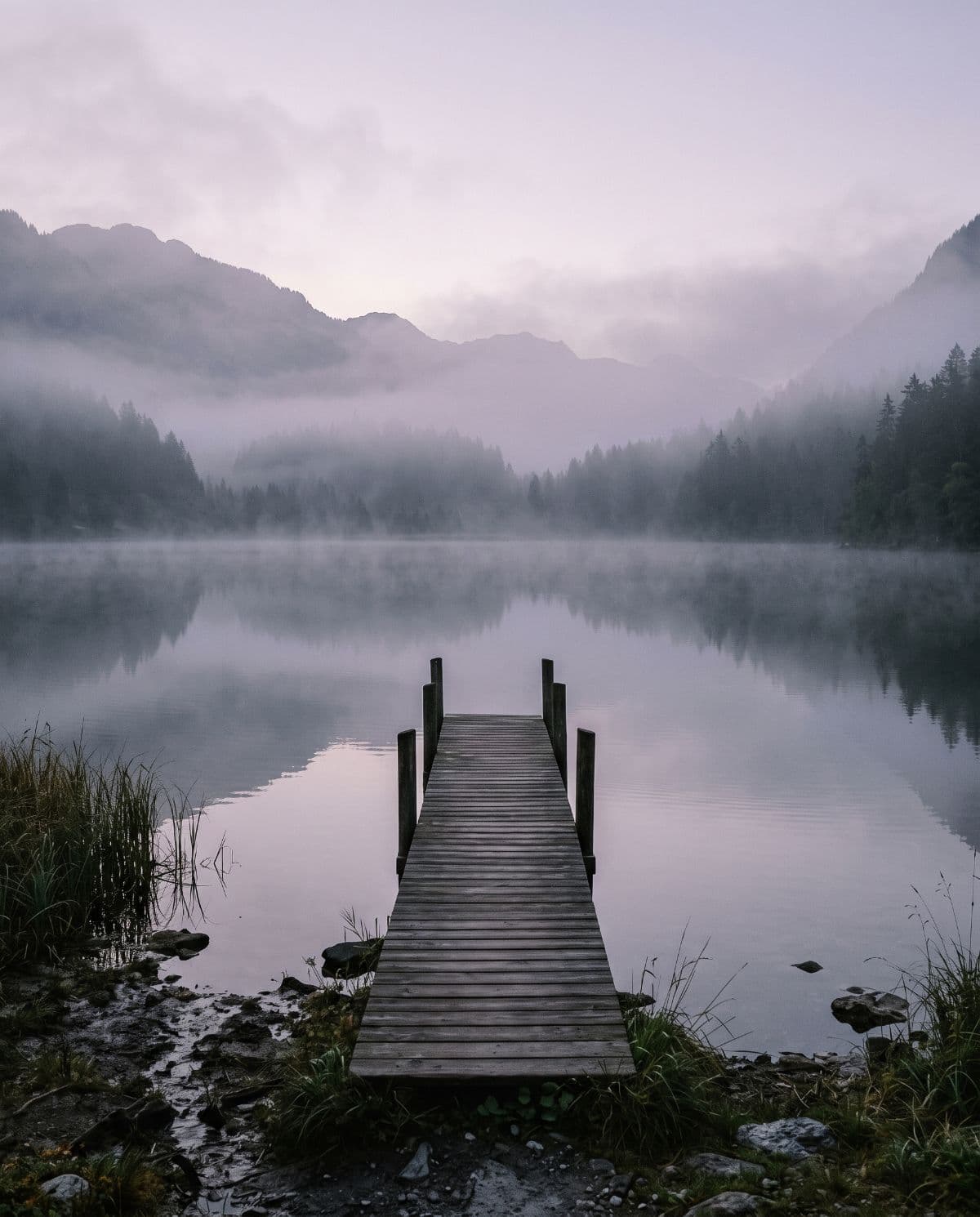 Steg an einem Bergsee im Morgennebel